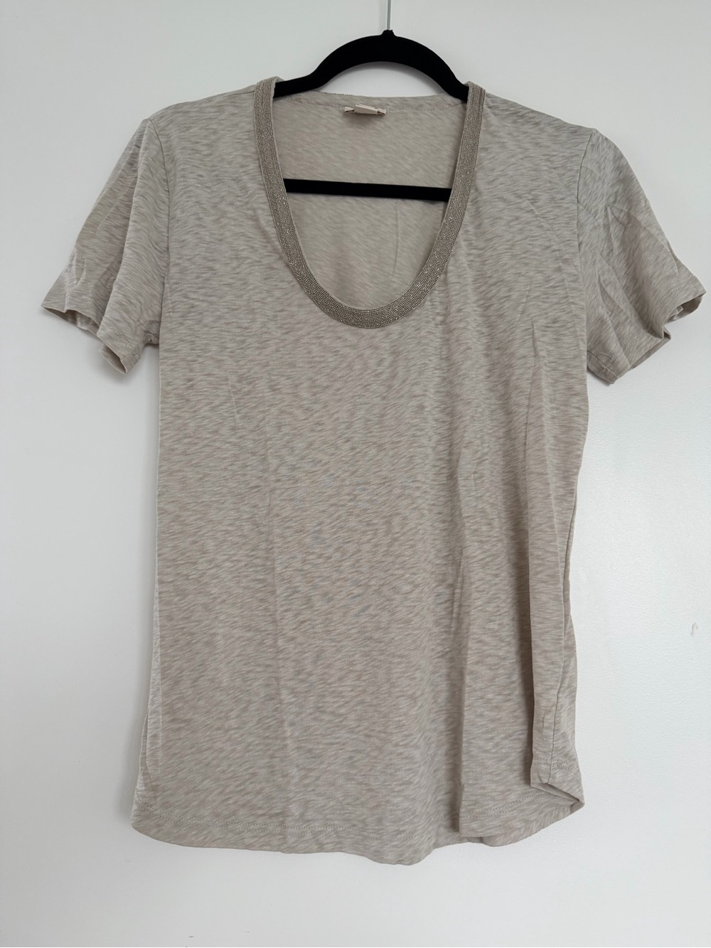 J.Crew Light Gray Short-Sleeve Top with Beaded Scoop Neck